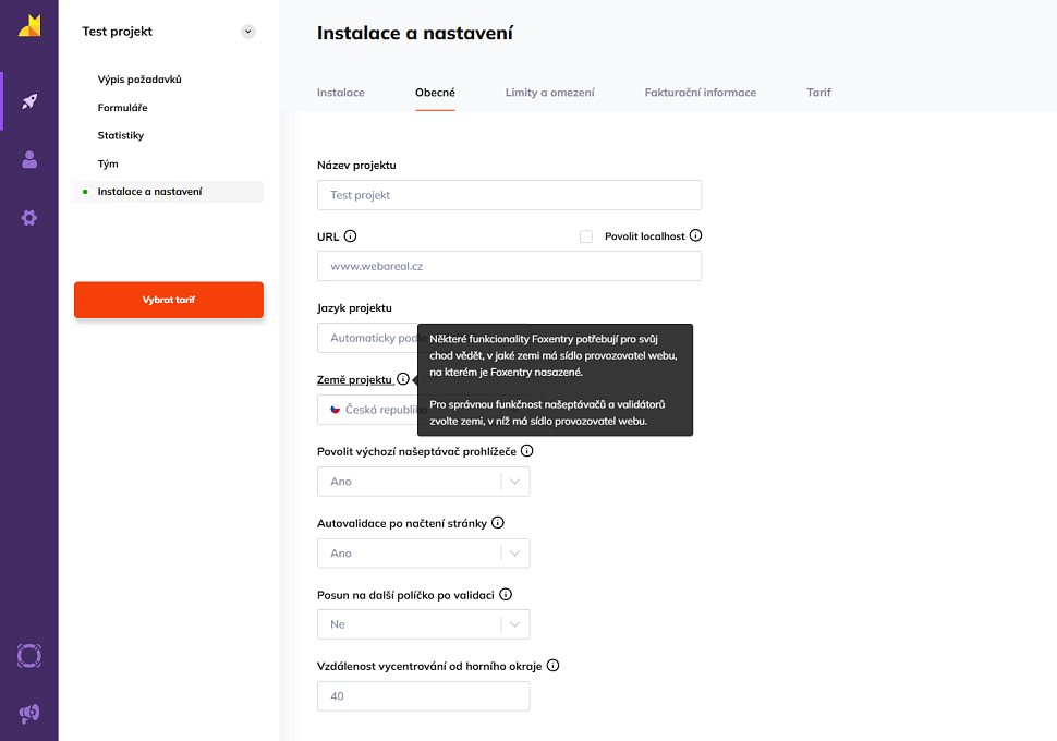 Nastavení země projektu, které ovlivňuje vnitrostátní a mezinárodní styk
