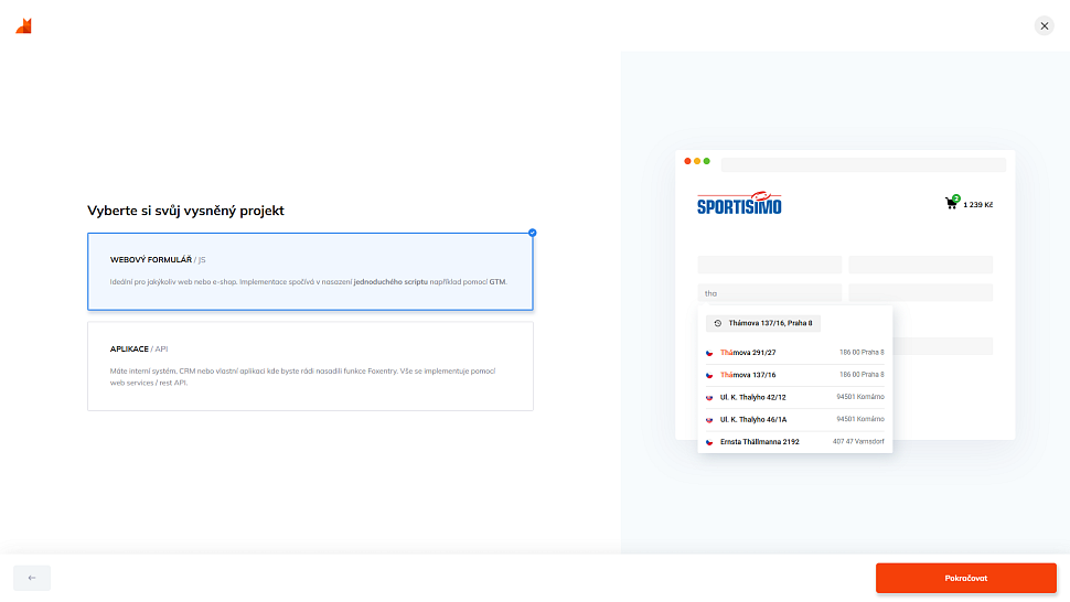 Výběr typu projektu ve Foxentry - Webový formulář nebo Aplikace