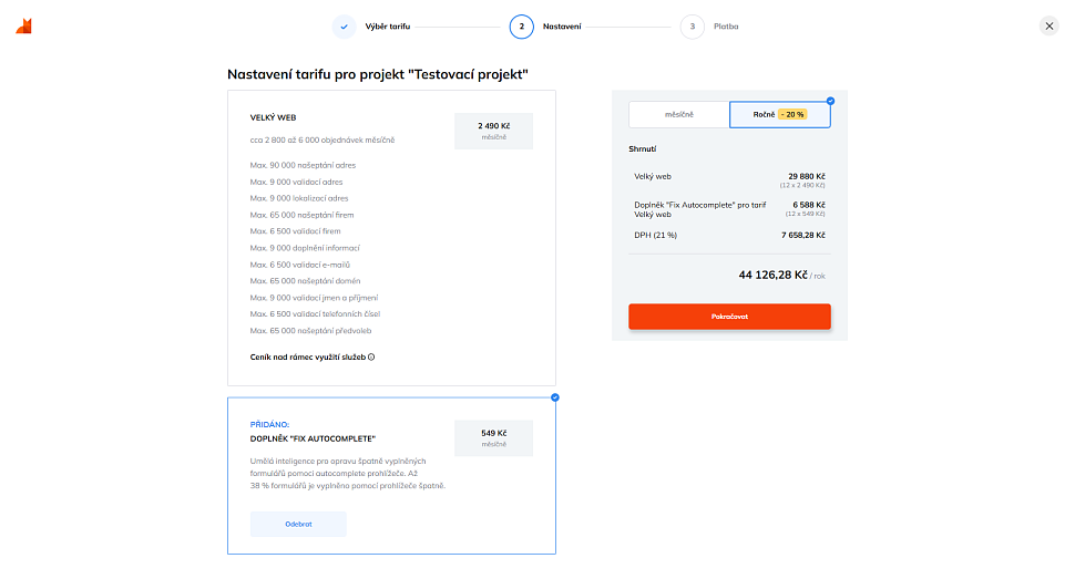 Nastavení frekvence platby a přidání doplňků