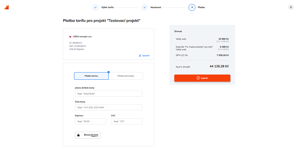 Výběr způsobu platby a shrnutí objednávky