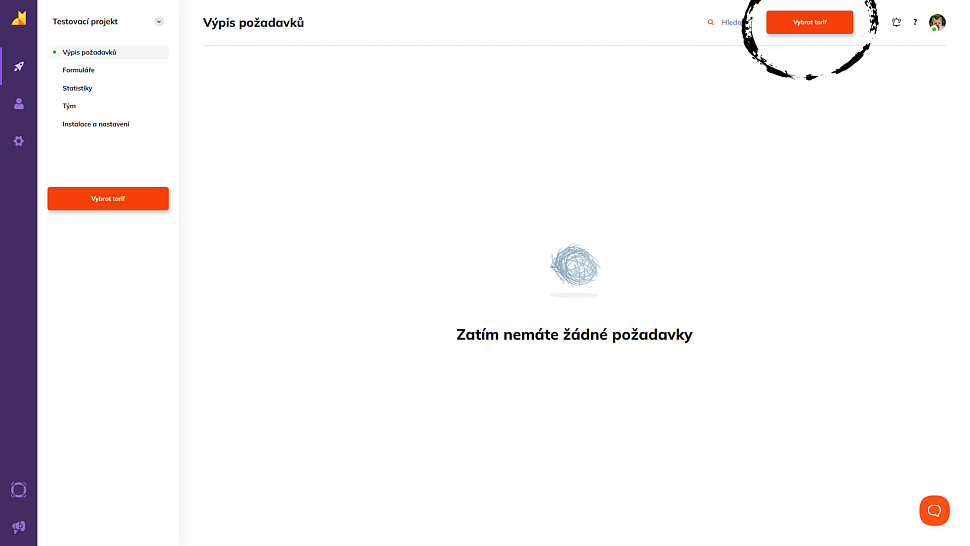 Tlačítko Vybrat tarif na dashboardu projektu