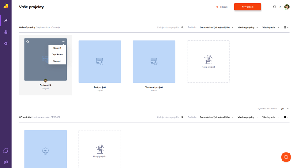 Celkový přehled sekce Vaše projekty