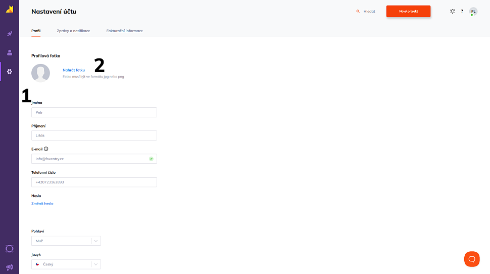 Ukázka profilu v administraci Foxentry s odkazem pro nahrání fotky