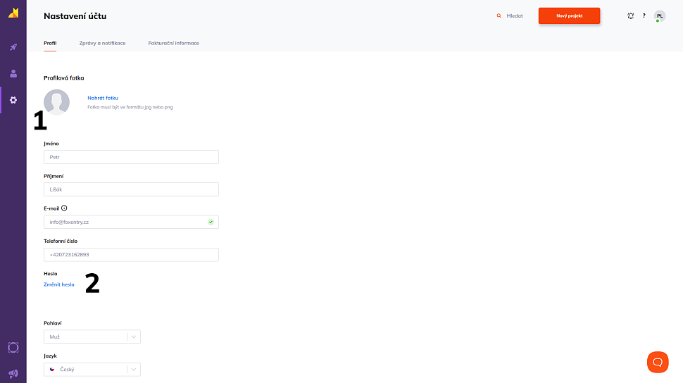Ukázka profilu v administraci Foxentry s odkazem na změnu hesla